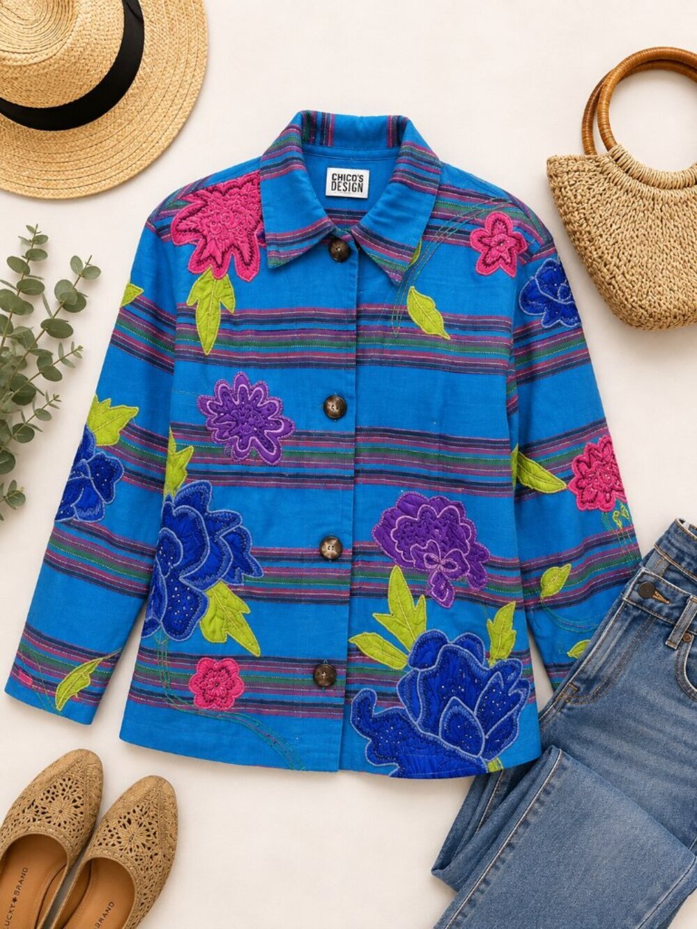 Chico's Design Embroidered Floral Jacket Size 1 Blue Cotton Button Front Artwear